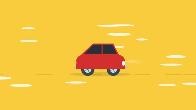 Red cartoon car driving fast on a bright yellow background for motion graphics concept