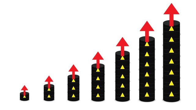 oil price growth chart with stacked black barrels and red arrows on a white background