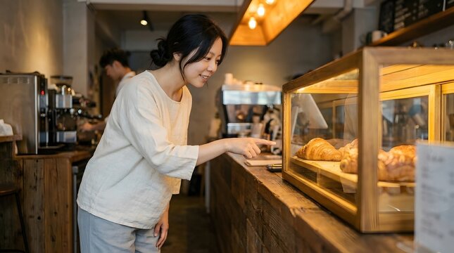 Young woman selecting fresh pastry from wooden display case in a cozy bakery shop interior