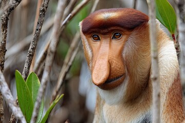 Naklejka premium Close-up portrait of a proboscis monkey with its distinctive large nose in its natural mangrove habitat
