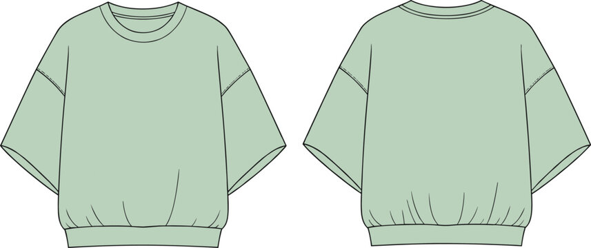 Short sleeve sweatshirt front and back flat sketch, crew neckline dropped shoulder wide ribbed hem detail, cad drawing flat vector illustration template