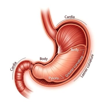 Anatomy diagram of human stomach with labeled parts.