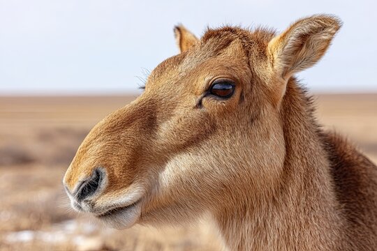 Close-up Portrait of a Saiga Antelope with its Distinctive Proboscis in a Dusty Arid Landscape
