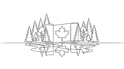Fototapeta premium Continuous Line Drawing: Canadian Flag Amidst Pine Trees Reflected in Water