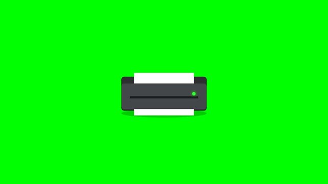 Printer animation printing a white sheet of paper on a bright green screen background