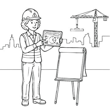 Female Engineer Holding Tablet with Data at Construction Site Coloring Page Illustration