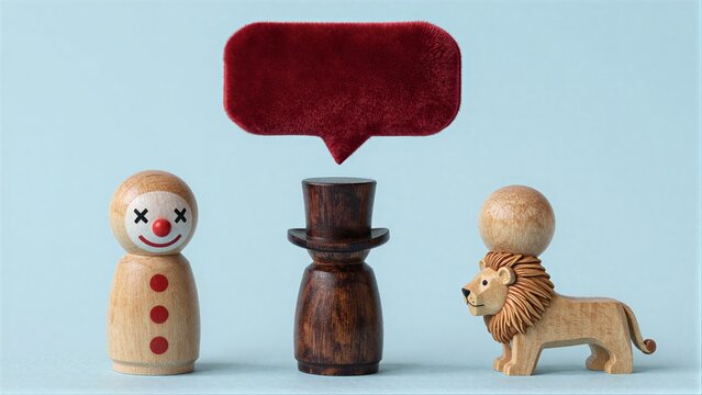 Clown, magician, and lion with empty speech bubble above them.