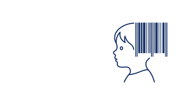 Minimalist line art illustration of a child head profile combined with a barcode symbol.