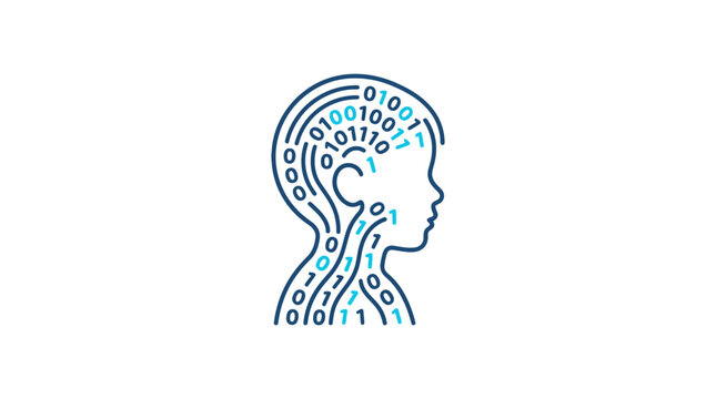 A stylized silhouette of a childs head filled with binary code representing digital intelligence.