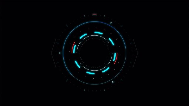 Circle HUD head-up display interface with futuristic technology elements on dark grainy background, digital cyber ui concept 4k video