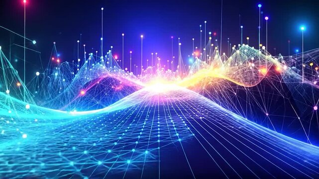 Abstract digital illustration with lines, nodes, and vibrant color gradients
