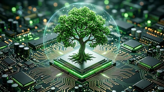 Miniature green tree growing on a computer microchip encased in a glowing sphere symbolizing the harmony of nature and digital technology