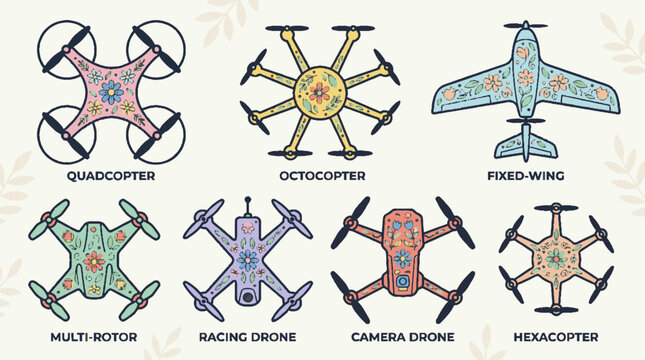 Set of different types of aerial drones and aircraft icons.