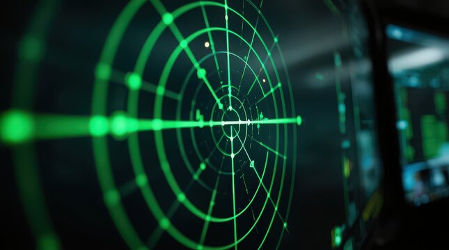 Digital radar screen with green circular scanning interface on a dark background