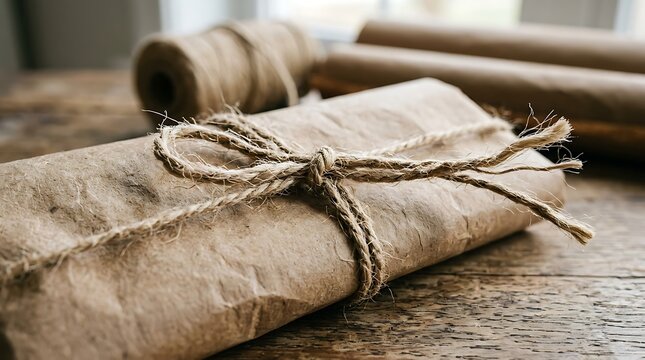 Gift wrapped in brown paper with rustic twine bow on wooden table
