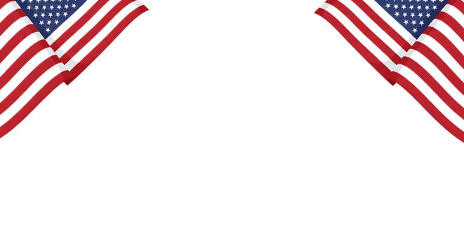 Two american flags hanging from the top corners isolated on transparent background