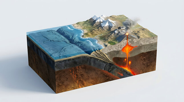 Isolated cross-section illustration of a tectonic plate boundary and volcano