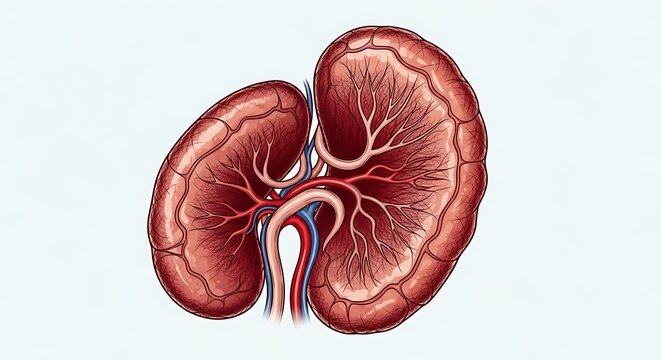3D rendering of human kidneys with blood vessels.