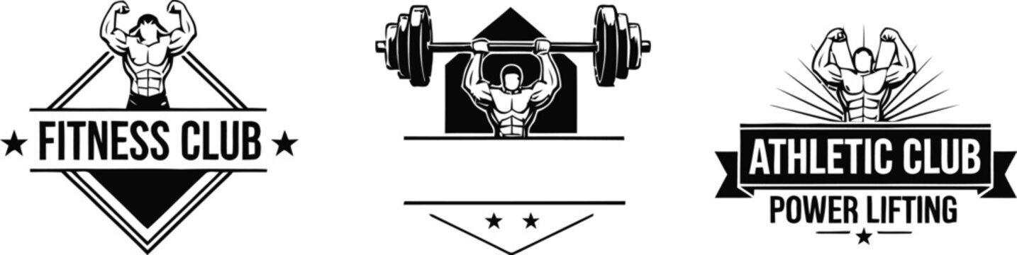 Fitness club athletic logo icons with bodybuilders