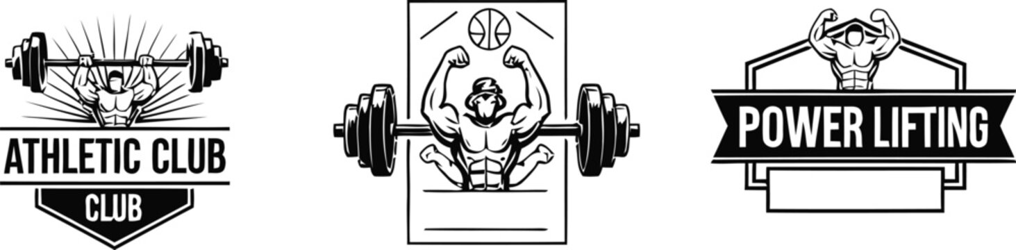 Black and white gym logos with muscle men lifting weights