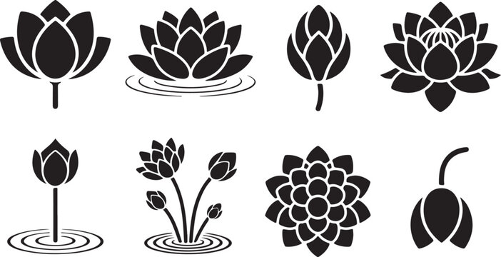 Black and white lotus flower icon set collection