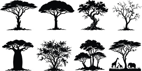 African savanna tree silhouette set featuring acacia baobab and safari animals elephant and giraffe family vector © SeeShoyagini