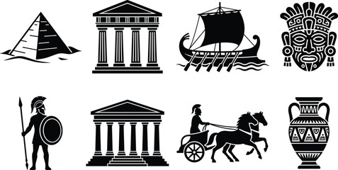 Ancient Civilization Icons Set with Pyramid Temple Ship Warrior Chariot and Vase © SeeShoyagini