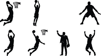 Basketball player silhouettes collection featuring action poses such as dunking shooting defending and professional team coaching © SeeShoyagini