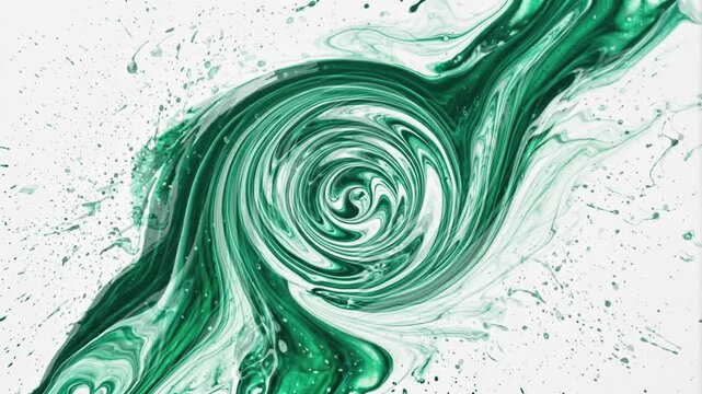 Vibrant emerald green fluid acrylic paint swirling on a white background. Abstract fluid art texture with marble effects and liquid splashes.