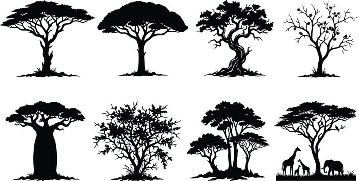 African savanna tree silhouette set featuring acacia baobab and safari animals elephant and giraffe family vector