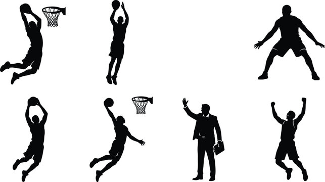 Basketball player silhouettes collection featuring action poses such as dunking shooting defending and professional team coaching