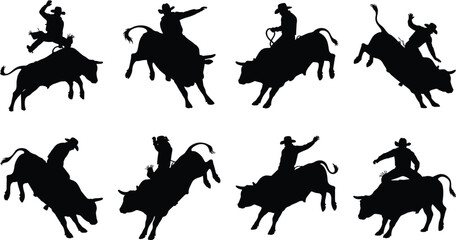 Naklejka premium Bull riding silhouettes collection featuring cowboys on bucking bulls for rodeo competition and western themed sports design
