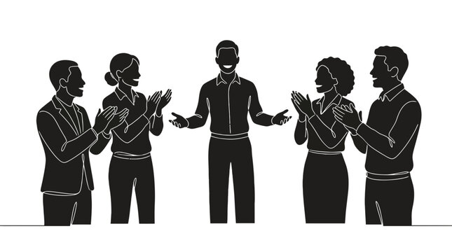 A group of people clapping for a man standing in the center.