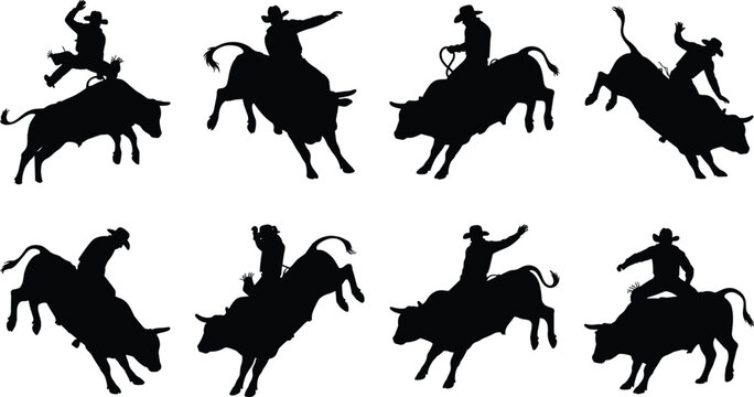 Bull riding silhouettes collection featuring cowboys on bucking bulls for rodeo competition and western themed sports design