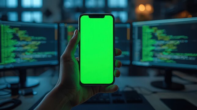 Closeup of a person holding a smartphone with a green screen in a dark office with computer code on monitors
