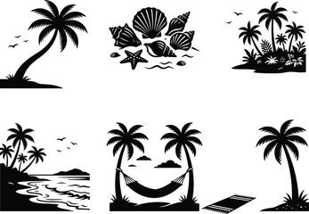 Collection of tropical beach vacation icons including palm trees sea shells hammock and ocean waves vector silhouettes © SeeShoyagini