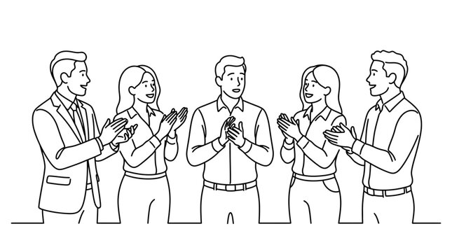 A group of five diverse professionals standing together and clapping their hands in appreciation.