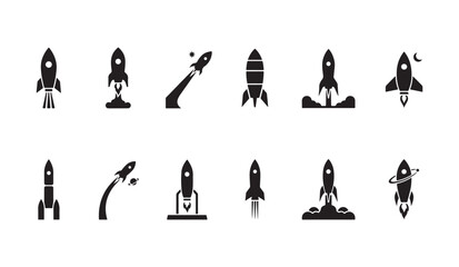 Collection of rocket ship icons with exhaust flames and stars, space travel. © MDABDUR