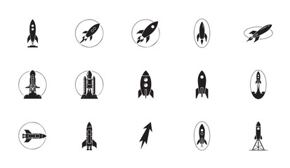 Rocket ship icons in different styles and launch sequences, space exploration. © MDABDUR