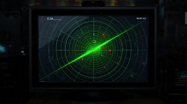 Radar screen display with green scanning line and red target blips in a dark room