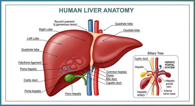 Human liver anatomy diagram with gallbladder and bile ducts.