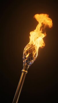 Torch with a golden patterned handle and bright orange flame burning against a black background.