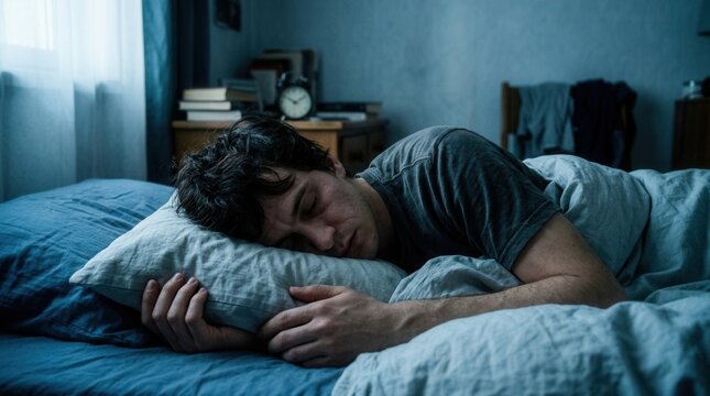 Man Sleeping Peacefuly In His Bed During The Night Embracing Deep Slumber