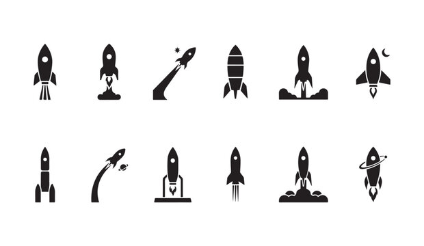 Collection of rocket ship icons with exhaust flames and stars, space travel.