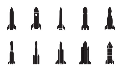 Collection of black rocket ship icons on white background vector illustration. © MDABDUR