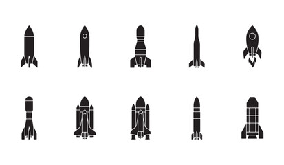 Set of black rocket icons representing various spacecraft and launch vehicles for design. © MDABDUR