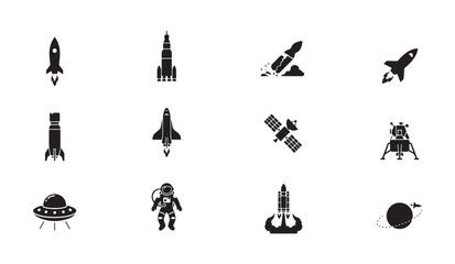 Diverse collection of space rockets, astronaut, and UFO vector icons. © MDABDUR