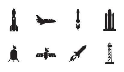 Collection of various rocket ship icons and space exploration technology design symbols. © MDABDUR