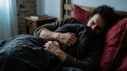 Fototapeta premium Man Struggling In Bed With A Pillow Over Face Feeling Unwell