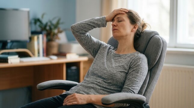 Mature Woman Feeling Headachy And Tired While Sitting At Desk